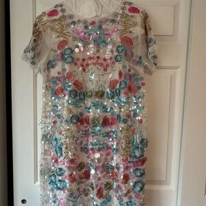 Frances Valentine Sequin Floral Mini Dress - Pink, Blue, Gold